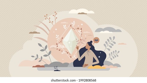 Holistic health as overall body care or spiritual balance tiny person concept. Wellness and awareness for healthy physical and mental harmony vector illustration. Energy, aura and soul symbol scene.