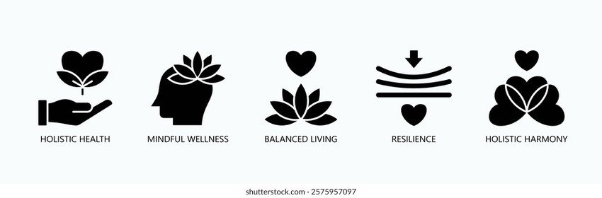 Holistic Journey Icon Set Isolated Vector With Icon Of Holistic Health, Mindful Wellness, Balanced Living, Resilience, Holistic Harmony In Glyph Style