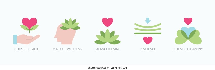 Holistic Journey Icon Set Isolated Vector With Icon Of Holistic Health, Mindful Wellness, Balanced Living, Resilience, Holistic Harmony In Flat Style