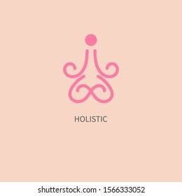 Holistic logo, abstract line hand drawn man in lotus position, yoga icon, health symbol, vector sign