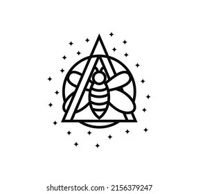 Holistic logo. Bee in the triangle and circle. line art design with star ornament. black and white colors.