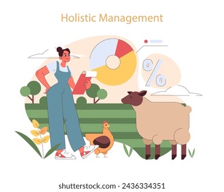 Holistic Management concept. Individual with livestock, analyzing sustainable farm practices within a balanced ecosystem.