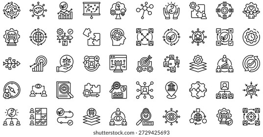 Colección de iconos de administración holística. Ilustración vectorial. Sistema Completo, Nodos Conectados, Gráfico de Ecosistemas, Estrategia Circular, Gestión Integrada, Árbol de Estrategia, Mapa Mental. Vector Pro