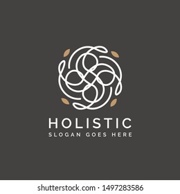 Holistic Medical And Health Wellness Logo Design With Leaf Line Pattern In Gold White Color