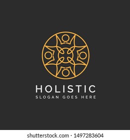Holistic medical and health wellness logo design with gold human line pattern and dark background