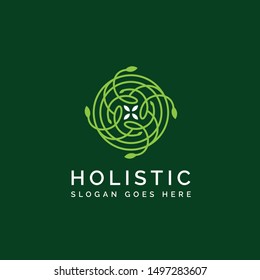 Holistic medical and health wellness logo design with leaf line pattern in green white color