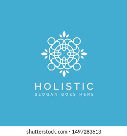 Holistic medical and health wellness logo design with human leaf line pattern and light blue background