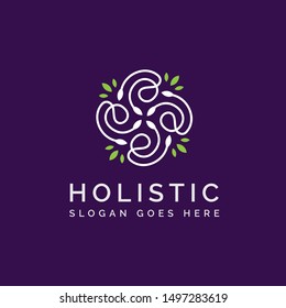 Holistic medical and health wellness logo design with green white leaf line pattern and purple background