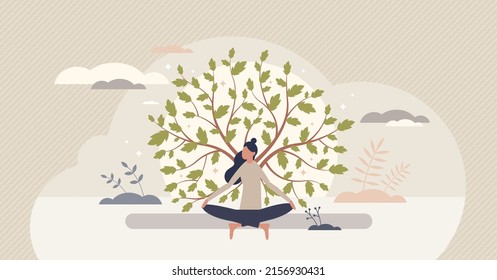 Holistic medicine with alternative body wellness practice tiny person concept. Esoteric approach for disease treatment with life balance and spiritual healthcare vector illustration. Soul wellbeing.