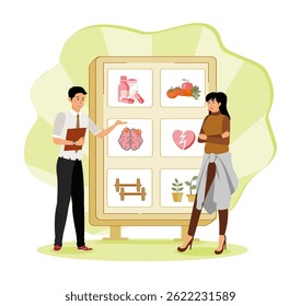 Holistic medicine concept. Male coach discussing health concepts with a woman, showcasing nutrition, fitness, and emotional well-being using visual aids on a board.
