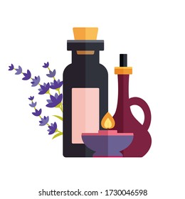 Holistische Medizin Zeichen und ayurveda Logo. Flasche, Kerze und Mörtel mit Pestle. Illustration für natürliche Apotheke und chinesische medizinische Behandlung. Homöopathie. 