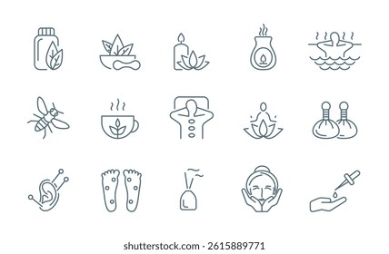 Holistic Medicine Sign Black Thin Line Icon Set. Vector illustration of Aromatherapy, Homeopathy and Acupuncture Icons
