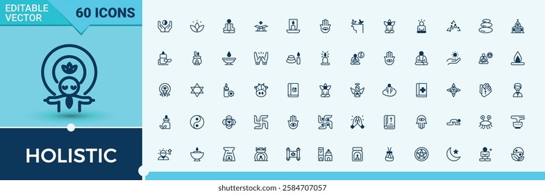 Holistic modern icon. Icons calm, relief, herbal, person, spirit and more. Web icons. Solid line editable stroke.
