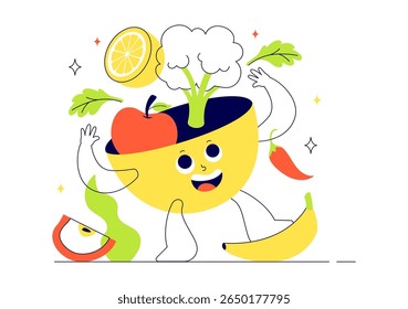Ilustração holística do vetor da nutrição com alimentos saudáveis, frutas e verduras, enfatizando o estilo de vida e os aspectos ambientais em um fundo