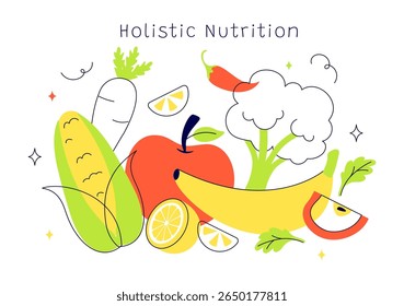Ilustração holística do vetor da nutrição com alimentos saudáveis, frutas e verduras, enfatizando o estilo de vida e os aspectos ambientais em um fundo