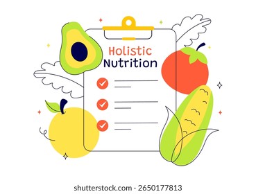 Holistic Nutrition Vector Illustration Featuring Healthy Food, Fruits, and Vegetables, Emphasizing Lifestyle and Environmental Aspects in a Background