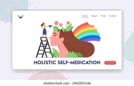 Holistic Self Medication Landing Page Template. Mental Health, Psychology, Healthy Mind, Positive Thinking. Tiny Woman Character Watering Flowers at Huge Female Head. Cartoon Vector Illustration