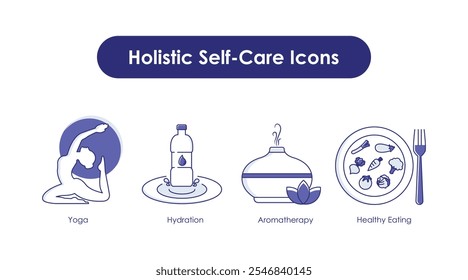 Holistic Self-Care Icons Aromatherapy, Yoga, Healthy Eating, Hydration.