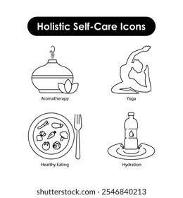 Holistic Self-Care Icons Aromatherapy, Yoga, Healthy Eating, Hydration.