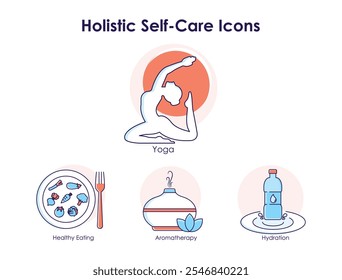 Holistic Self-Care Icons Aromatherapy, Yoga, Healthy Eating, Hydration.