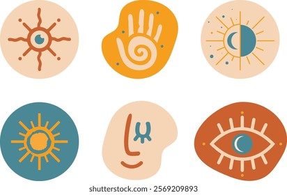 Holistic Symbols Set: Sun with Eye, Hand with Spiral, Moon and Sun, Calm Face, and Eye with Moon. Vector Illustration for Quantum Therapy, Wellness, Spirituality, Healing, and Mindfulness Designs