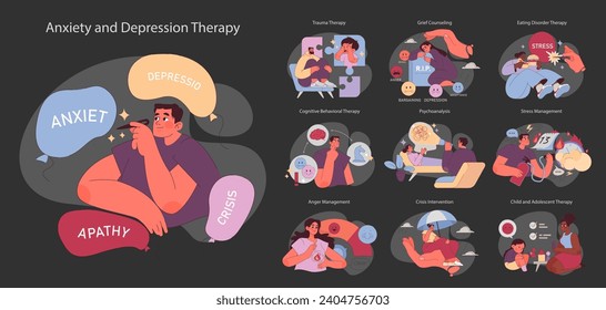 Holistic Therapy Approach set. Varied psychological therapies for mental health, addressing anxiety to crisis intervention.