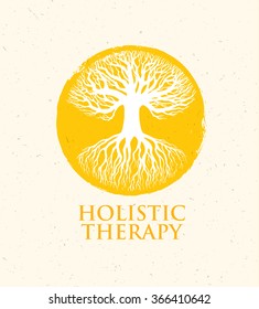 Holistic Therapy Tree With Roots On Organic Paper Background. Natural Eco Friendly Medicine Vector Concept