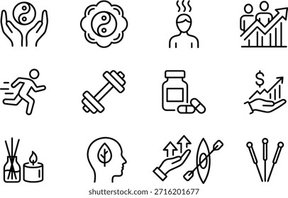 Conjunto de iconos de bienestar holístico, equilibrio, estado físico, salud mental, crecimiento financiero, aromaterapia, acupuntura, Ilustración vectorial para mejorar el estilo de vida