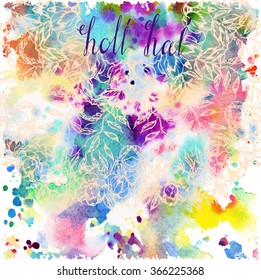 Holi,Traditional indian holiday,different colored spots, Holi festival background,beautiful card,handmade,camellia,Mandala,vector,watercolor