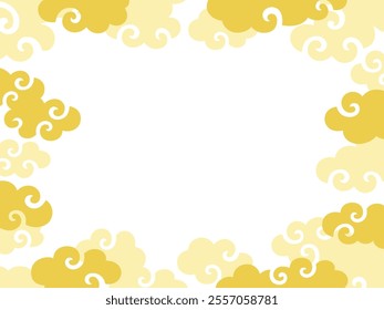 Holizontal frame illustration surrounded by golden swirling clouds