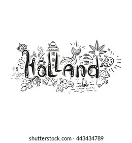 Holland, Amsterdam elements set - vector handwritten lettering and sketches isolated on white background