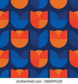 Holland blue and orange tulip flower seamless pattern. Geometric shape tile rapport for background, wrap, fabric, textile, wrap, surface, web and print design. 