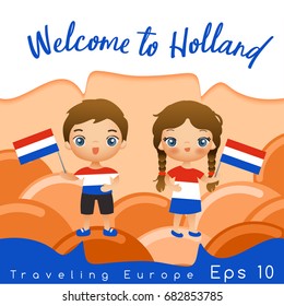 Holland : Boy and girl with national flag : Vector Illustration