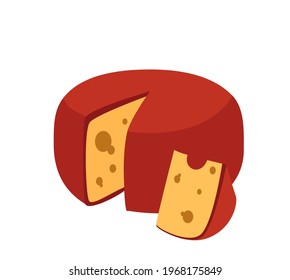 Holland cheese round wheel of Gouda with cut piece of hard Dutch chees. Colored flat vector illustration of delicatessen food or snack isolated on white background