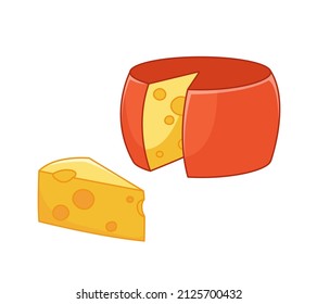 Holland cheese set, head and triangular piece of cheese with holes. Vector illustration of dairy products in cartoon childish style. Isolated funny clipart on white background. cute print