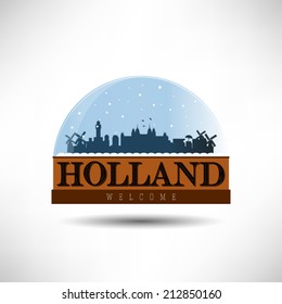 Holland, City Skyline Silhouette In Snow Globe. Vector Design.