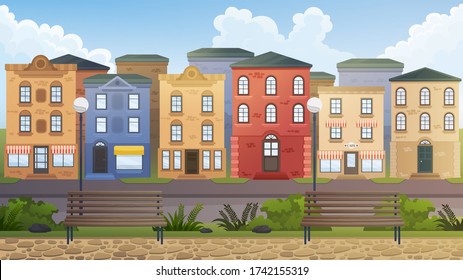 Holland city street at summer with beautiful houses, vector panoramic illustration. 