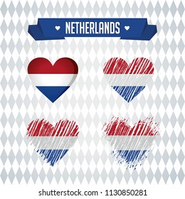 Holland Collection of four vector hearts with flag. Heart silhouette