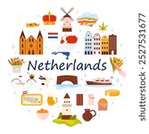 Holland culture elements and landmarks of Amsterdam, flag and map of Netherlands in round infographic banner. Tulips and bike, wind mill and cheese, clogs in circle cartoon vector illustration