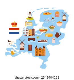 Elementos de cultura holandesa, marcos e comida no mapa infográfico holandês. Cidade de Amsterdã com canal, barco e arquitetura patrimonial, campo de tulipa e buquê bonito, desenho animado de queijo ilustração vetorial