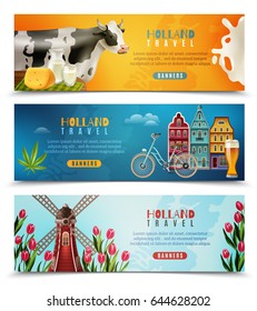 Holland culture for travelers with dutch houses milk cow and windmill with tulips banners set isolated vector illustration 