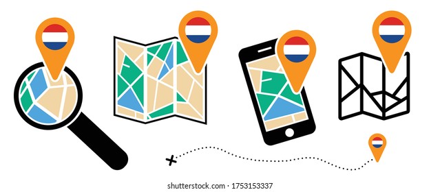 Holland Dutch flag Folded city mapwith location Route search tracking icons Mark maps signs Vector pin Symbol Track and trace point marker Fly travel love navigation pointer Roads navigator pin GPS