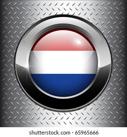 Holland flag button on metal background, vector.
