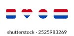 Holland flag icon. Flag of Netherlands vector sign. Holland national banner. Emblem of Netherlands. Dutch banner in four different shapes: square, heart, circle and rectangle. Amsterdam symbol.