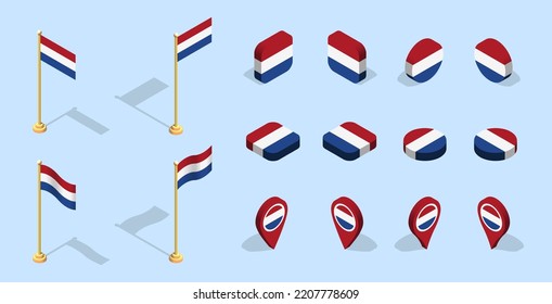 Holland flag (Kingdom of the Netherlands). 3D isometric flag set icon. Editable vector for banner, poster, presentation, infographic, website, apps, maps, and other uses.