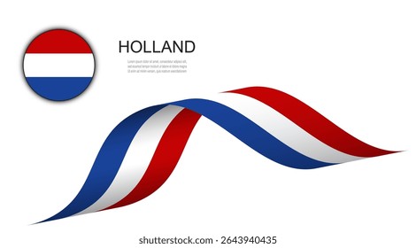 Bandeira da Holanda na fita de ondulação e botão de círculo, bandeira holandesa ilustração de design de vetor.