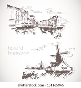 Holland hand drawn landscape in vintage style 