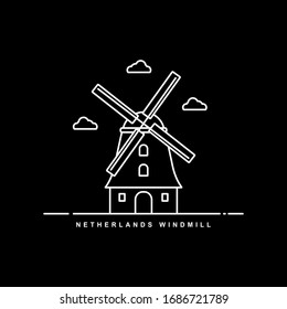 Holland Landmark Building. Netherlands Windmill. Line Icon Vector Design