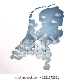 Holland map concept with Dutch windmill for travel postcard and poster, brochure, advertising in paper cut style vector illustration.