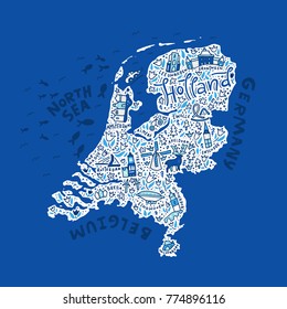 The Holland map with the different symbols and the lettering. Vector illustration. 